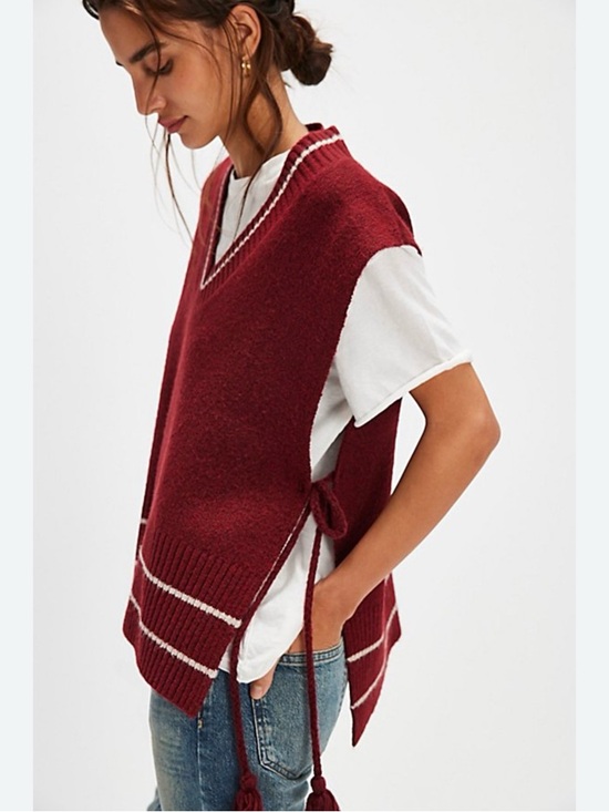 Free People Sweaters - Free People Poncho Sweater Vest One Size Preppy Stripe Academia Fringe Red